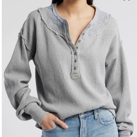 Free People Holly Embroidered Henley Heather Grey Combo Size Medium - Picture 1 of 11